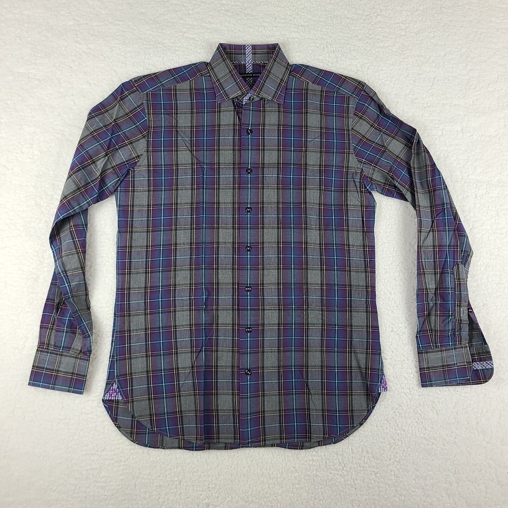 Hammer Made Dress Shirt Mens 15 / 38 Gray Purple‎ Plaid Cotton Button Up